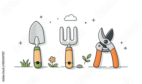 Minimalist Gardening Tools. Gardening hand tools. A small set of gardening hand tools like a trowel, hand fork, and pruners arranged neatly on a clean surface.