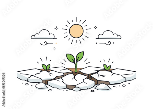 Spring Awakening Art. Thawing earth concept art. Frozen ground slowly cracking open with first green sprouts emerging, soft sunlight above. Calm metaphor of