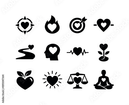Heart-Centered Icon Grid. Heart-centered living. Solid icon set of Heart-centered living: heart compass, soulful flame, purpose icon, aligned heart, meaningful