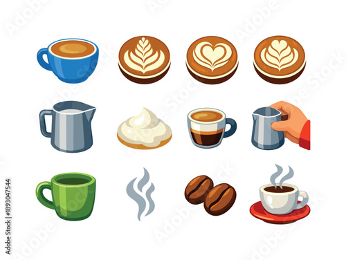 Latte Art Icons. A close-up of a perfectly crafted latte with intricate latte art. Colorful flat vector icons set of a close-up of a perfectly crafted latte