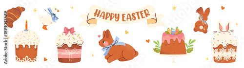 Cute Easter bakery vector set with festive cakes and pastries. Spring collection of glazed cupcakes and bunny, goose cookies. Perfect for cards, stickers, packaging, kids design and seasonal decor.