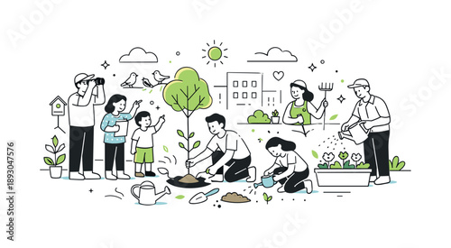 Urban Nature Community. Community involvement in urban nature. Residents observe birds, plant trees, and care for shared green spaces between buildings. The