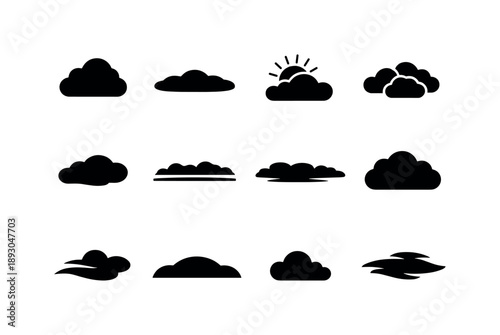 Soft Cloud Icons. Soft Cloud Cover. Solid icon set of Soft Cloud Cover: fluffy cloud, smooth cloud layer, sun diffused, light overcast, drifting cloud shape,