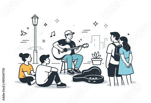 Urban Guitar Harmony. Street music performance. Street musician playing guitar while small crowd listens, relaxed urban atmosphere and calm enjoyment of live