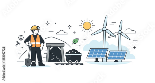 Coal vs Clean Energy. Coal mining and the future of energy. A miner standing near a simplified coal mine while clean energy symbols like wind turbines and