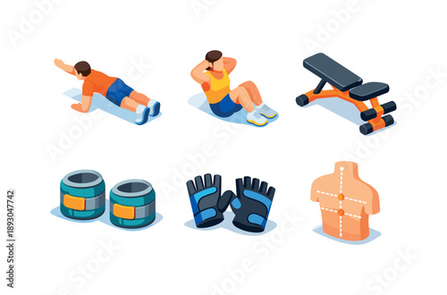 Core Workout Icons. Core workout. Isometric flat vector icons set of Core workout: plank with arm raise, seated crunch pose, exercise bench, ankle weights,
