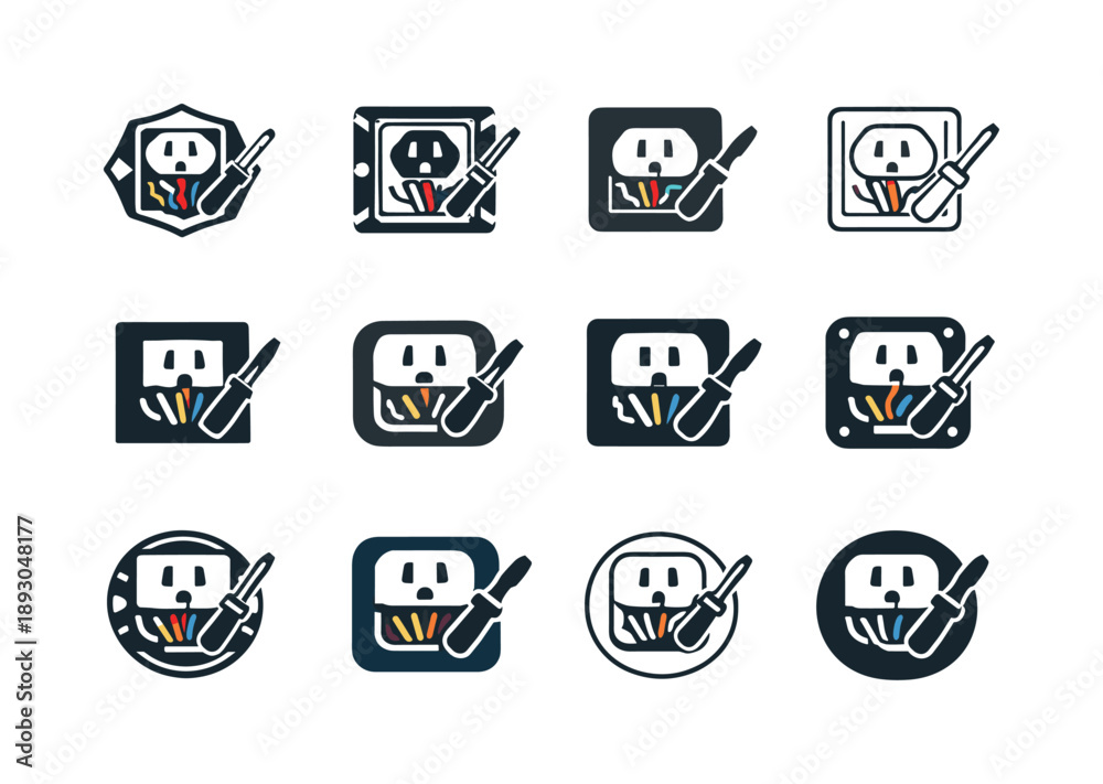 Naklejka premium Electrical Outlet Logos. Fixing electrical outlet. Icon set. Set Logo of Fixing electrical outlet: open wall socket with visible wires. harmonious logo