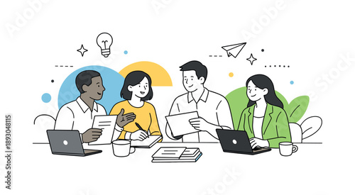 Collaborative Teamwork Scene. Corporate teamwork. Colleagues collaborating around a table, exchanging ideas and documents with calm focus. Friendly cooperation