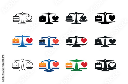 Work-Life Balance Icons. Work-life balance. Icon set. Set Logo of Work-life balance: balanced scale with briefcase and heart. harmonious logo variations of the