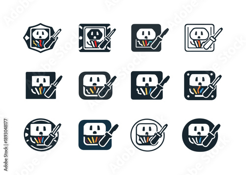 Electrical Outlet Logos. Fixing electrical outlet. Icon set. Set Logo of Fixing electrical outlet: open wall socket with visible wires. harmonious logo