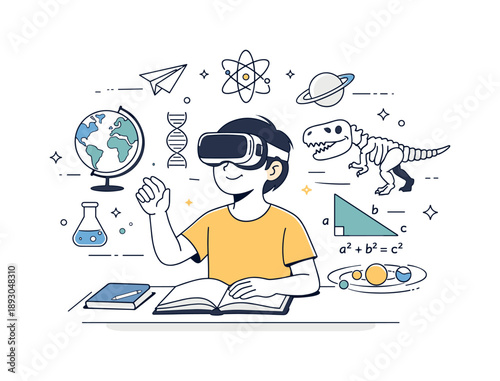 VR Learning Exploration. People using VR learning. A student wearing a VR headset and exploring educational content. Curious mindset and calm