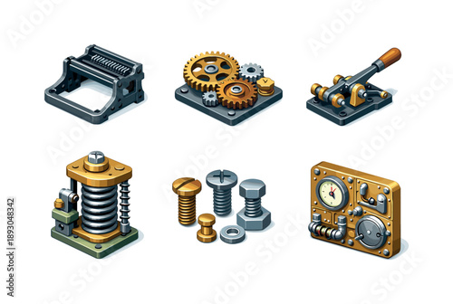 Antique Machinery Icons. Antique Machinery. Isometric flat vector icons set of Antique Machinery: cast iron typewriter frame, exposed gear system, metal lever