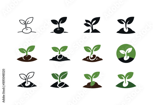 Botany Logo Variations. Botany. Icon set. Set Logo of Botany: sprouting seedling. harmonious logo variations of the same emblematic concept, each