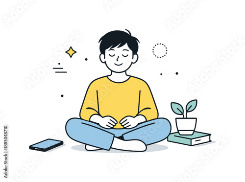 Screen-Free Serenity. Taking a break from screens. A character sitting comfortably with eyes closed, phone placed aside. Calm pause and mental reset in a