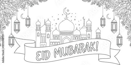 Eid Mubarak Mosque and Lanterns Outline Vector Illustration