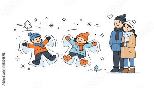 Snow Angels Family Fun. Kids making snow angels family moment. Children playing while parents watch nearby with smiles. Safe winter fun and warm family