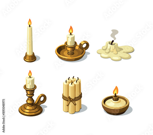 Vintage Candle Icons. Vintage candles. Isometric flat vector icons set of Vintage candles: tall taper candle, brass candle holder, melted wax pool, antique