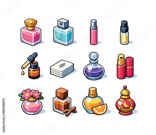Fragrance Icon Set. Fragrance collection. Colorful isometric vector icons set of fragrance collection: eau de parfum bottle, eau de toilette bottle, rollerball