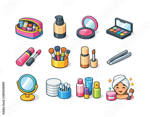 Colorful Makeup Icons. Makeup essentials bag. Colorful isometric vector icons set of Makeup essentials bag: makeup bag open, foundation bottle, blush compact,