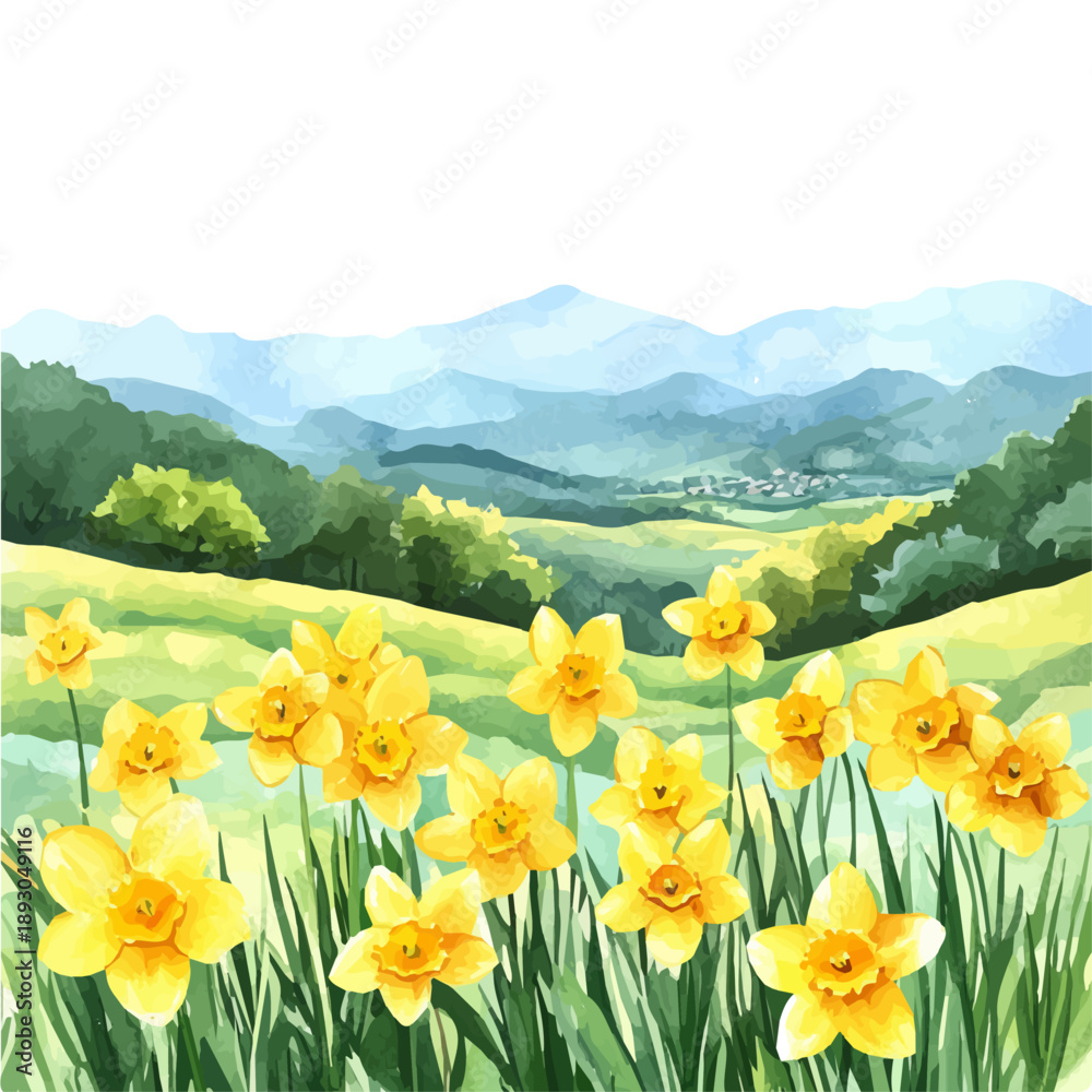 Fototapeta premium Springtime In The Countryside, charming watercolor clipart, isolated on a white background.
