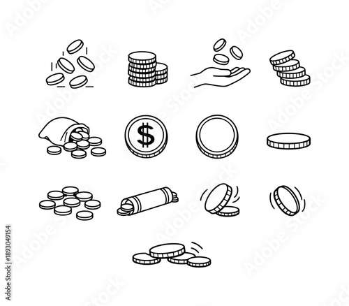 Coin Scatter Icons. Money Scatter. Line icon set of Money Scatter: coins falling, coin pile, hand tossing coins, coin stack leaning, spilled coin bag, coin