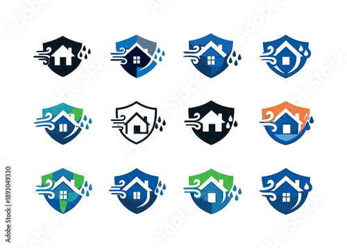 Home Insulation Icons. Home insulation and weatherproofing. Icon set. Set Logo of home insulation and weatherproofing: house shield against wind and rain.