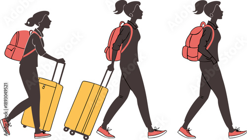 female silhouette travel luggage pose set suitcas