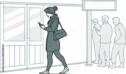 female silhouette waiting in queue pose group pub