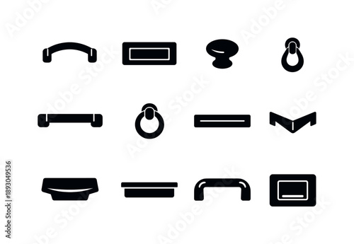 Drawer Pull Icon Set. Drawer Pull Styles. Solid icon set of Drawer Pull Styles: curved bar pull, inset handle, traditional knob, loop pull, sleek modern bar,