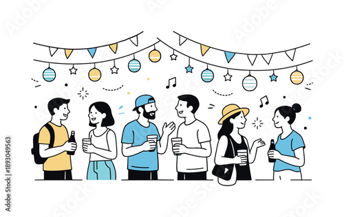 Joyful Festival Gathering. Festival social time. People chatting, smiling, and enjoying a festival environment with light decorative elements around. The mood