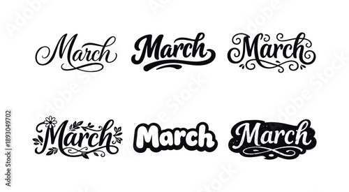 March Lettering Harmony. March postcard. Set lettering. harmonious lettering variations of the same emblematic concept, each with different artistic