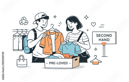 Sustainable Fashion Fun. Second hand shopping. Friends smiling while looking through second-hand clothes together. Relaxed social interaction and shared