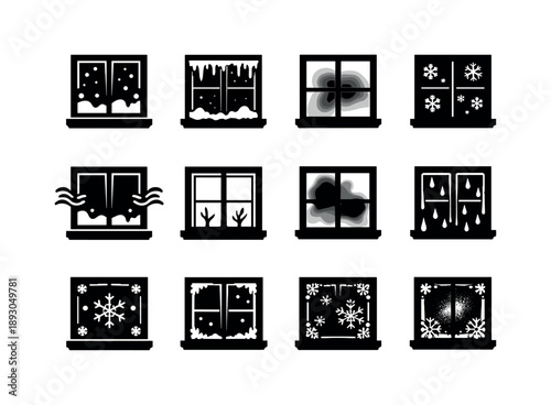 Cold Weather Icons. Cold weather window. Solid icon set of cold weather window: window with snow, frost buildup, icy edge, blurred vision, snowflake overlay,