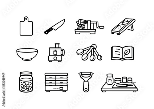 Raw Food Tool Icons. Raw Food Preparation. Line icon set of Raw Food Preparation: cutting board, sharp knife, vegetable spiralizer, mandoline slicer, glass