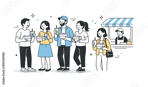 Street Food Social. Street food scene customers. People standing near a food stall holding takeaway boxes and drinks, relaxed interaction. Everyday city life