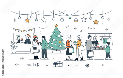 Minimalist Holiday Marketplace. Modern holiday marketplace. Walking through a minimal festive mall space, gentle social interaction and seasonal energy. Airy