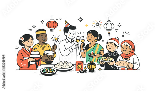 Cultural New Year Celebration. Global New Year traditions. A group representing different cultures celebrating the New Year with food, lights, and symbolic