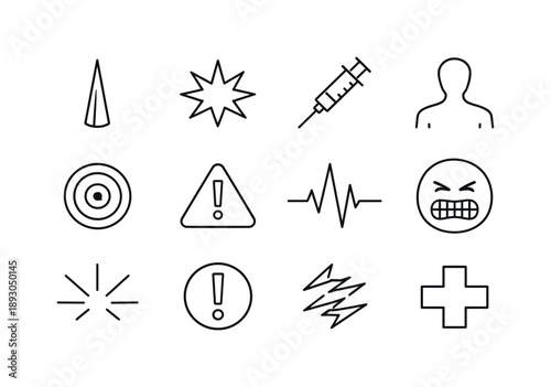 Sharp Discomfort Icons. Sharp Discomfort. Line icon set of Sharp Discomfort: sharp spike, pain flash, needle point, body outline, pain target, warning sign,