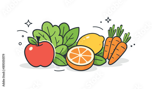 Fresh Produce Harmony. Clean eating lifestyle. Close-up view of fresh produce such as apples, citrus, greens, and carrots arranged with care. Simplicity,