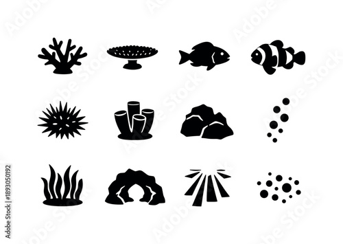 Coral Reef Icons. Coral Reef Ecosystem. Solid icon set of Coral Reef Ecosystem: staghorn coral, table coral, reef fish, clownfish, sea urchin, sponge coral,