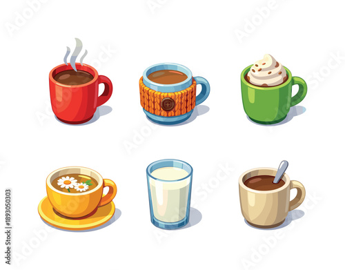 Cozy Beverage Icons. Comfort Drinks. Isometric flat vector icons set of comfort drinks: cozy mug with steam, knitted cup sleeve, cocoa mug with whipped cream,