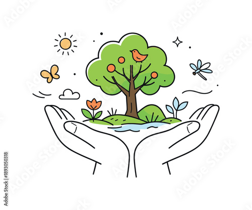 Hands Nurturing Nature. Climate change awareness ? protecting nature. Hands gently holding a tree or plant, symbolizing care for ecosystems and biodiversity.