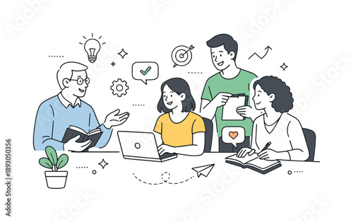 Mentorship in Action. Workplace mentorship culture. A small group scene where guidance and encouragement are shared openly. Collaborative learning