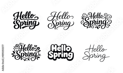 Harmonious Spring Lettering. Hello Spring. Set lettering. harmonious lettering variations of the same emblematic concept, each with different