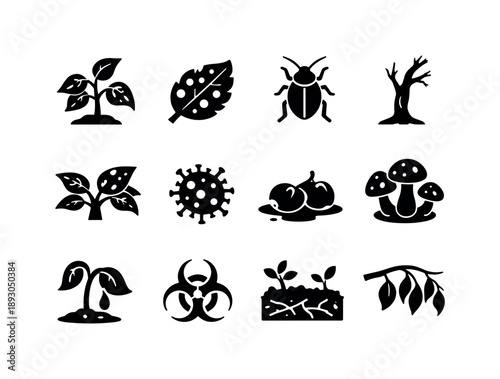Plant Disease Icons. Plant Disease Crisis. Solid icon set of Plant Disease Crisis: diseased plant, moldy leaf, insect pest, brown stem, spotted crop, crop