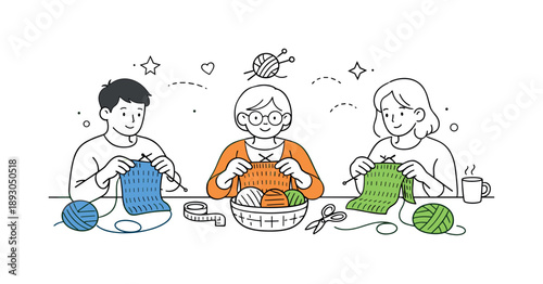Creative Knitting Gathering. Knitting as a shared hobby. A peaceful scene of people working on scarves or sweaters, yarn flowing across the table, simple tools