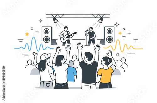 Energetic Festival Vibes. Music festival crowd. A group of people standing close together near a stage, hands raised and enjoying live music. Energetic but