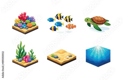 Underwater Ecosystem Icons. Underwater Ecosystems. Isometric flat vector icons set of Underwater Ecosystems: coral reef formation, tropical fish school, sea