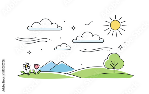 Minimal Spring Bliss. Gentle spring day. A minimal landscape with clouds drifting, soft sun rays, and light breeze lines. The mood reflects comfort, freshness,