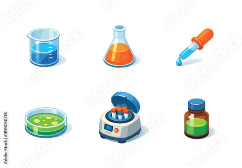 Isometric Lab Icons. Laboratory. Isometric flat vector icons set of laboratory: beaker, conical flask, pipette dropper, petri dish, centrifuge, reagent bottle.